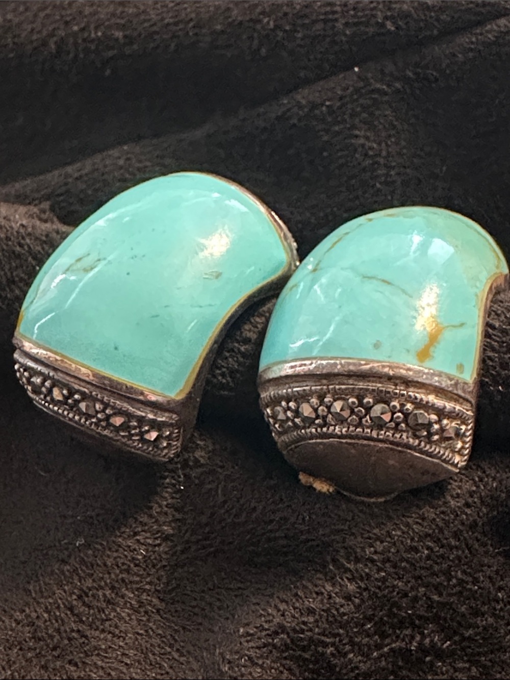 Vintage Turquoise Stone 925 Sterling Silver Half-Moon Clip-On Earrings